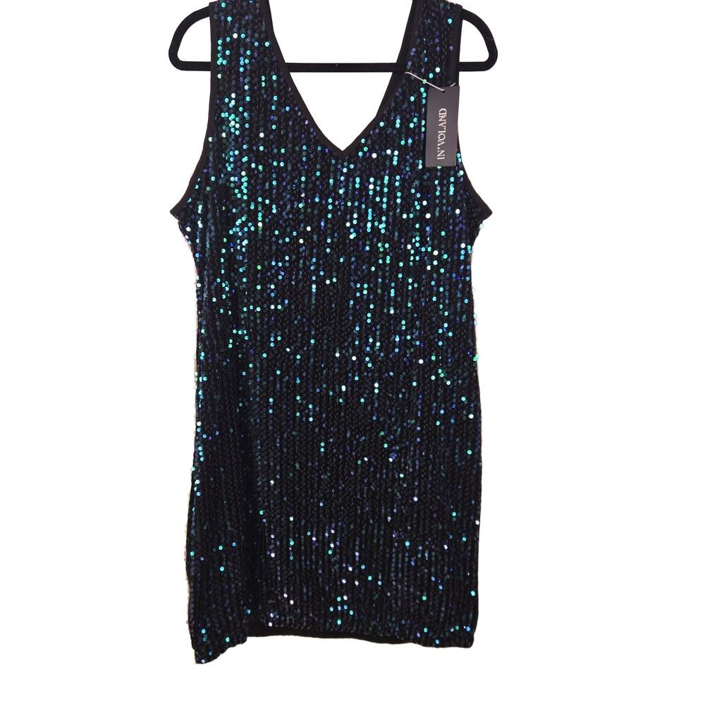 GLAM PARTY Sequin V-Neck Sleeveless Dress Black Iridescent 20W Midi Women's